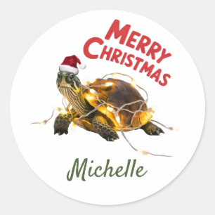 Sticker Rond Nom personnalisé Joyeuse tortue de Noël à Père Noë