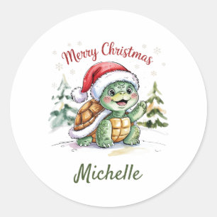 Sticker Rond Nom personnalisé Joyeuse tortue de Noël à Père Noë