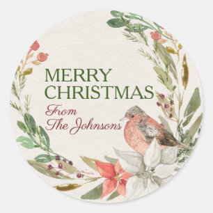 Sticker Rond Nom personnalisé Joyeux Noël Aquarelle Bird Wreath