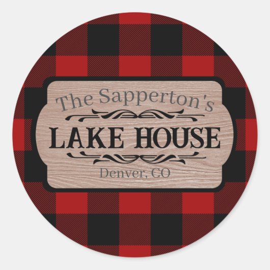 Sticker Rond Nom personnalisé Lake House Rustique Plaid (Devant)
