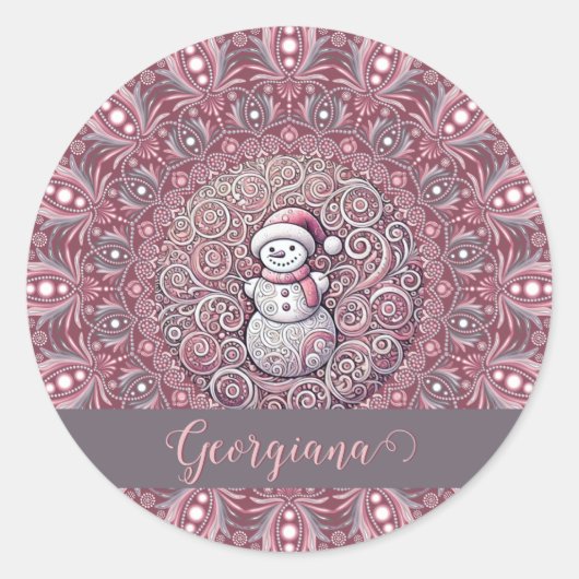Sticker Rond Nom personnalisé mignon Whimsical Pink Snowman Man (Devant)