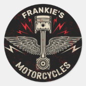 Sticker Rond Nom personnalisé Motorcycle Piston Wings Biker Gar (Devant)