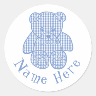 Sticker Rond Nom personnalisé Pale Blue Pastel En vichy Teddy