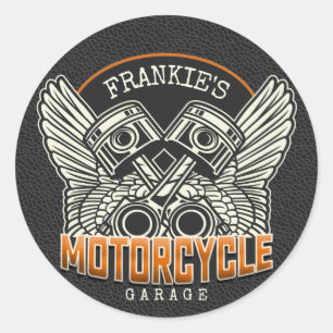 Sticker Rond Nom personnalisé Pistons Wings Motorcycle Garage