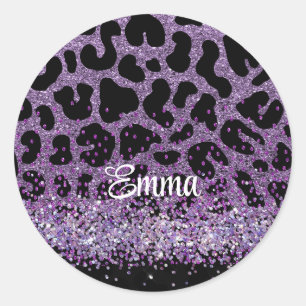 Sticker Rond Nom personnalisé Purple Leopard parties scintillan
