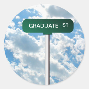 Sticker Rond Nom personnalisé Road Street Sign on Blue Sky