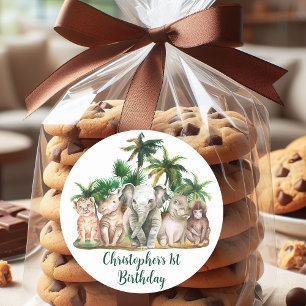 Sticker Rond Nom personnalisé Safari Animaux Palm Trees