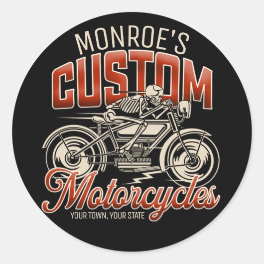Sticker Rond Nom personnalisé Skeleton Motorcycle Boutique (Devant)