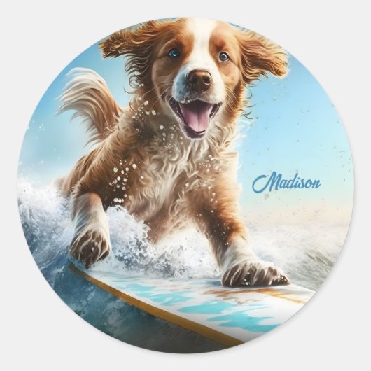 Sticker Rond Nom personnalisé Surfing Chien (Devant)