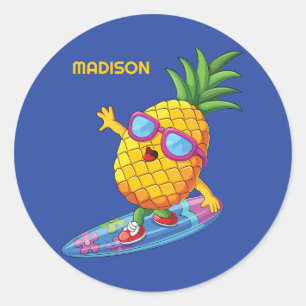 Sticker Rond Nom personnalisé Surfing Pineapple
