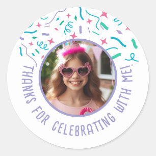 Sticker Rond Nom photo personnalisé Confetti Anniversaire Merci