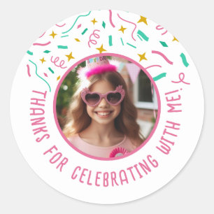 Sticker Rond Nom photo personnalisé Confetti Anniversaire Merci