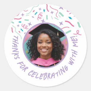 Sticker Rond Nom photo personnalisé Confetti Graduation Merci