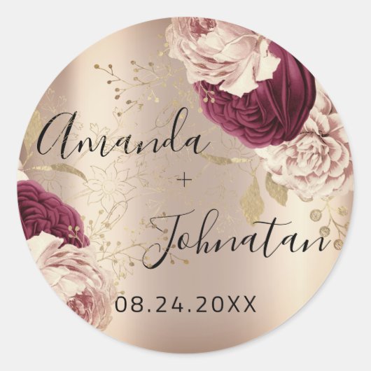 Sticker Rond Nom Sauvegarder la date Roses florales rose or (Devant)