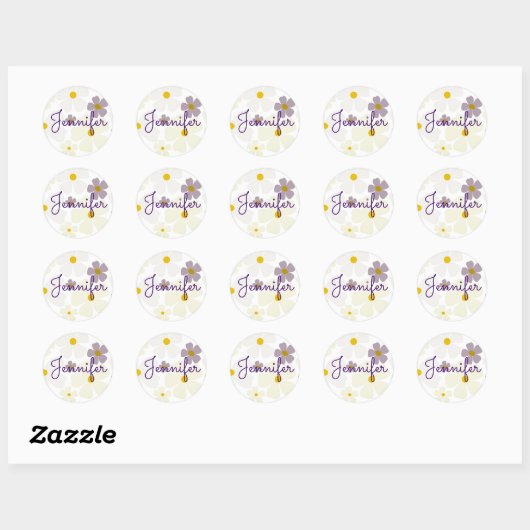 Sticker Rond Nom sur crème pâle et fleurs violettes (Feuille)