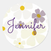 Sticker Rond Nom sur crème pâle et fleurs violettes (Devant)