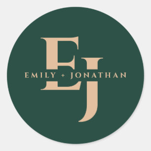 Sticker Rond Noms de couple en monogramme vert émeraude pour ma