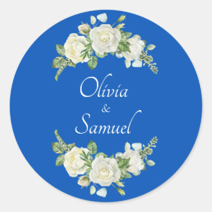Sticker Rond Noms de la mariée et du marié Roses bleues cobalt 