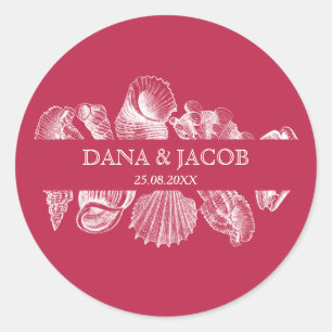Sticker Rond Noms de mariage de plage de coquillages Date 