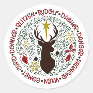 Sticker Rond Noms de Noël Rudolf et rennes Fête