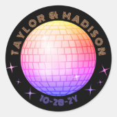 Sticker Rond Noms des boules Disco Mariage Date Orange Blue Mag (Devant)