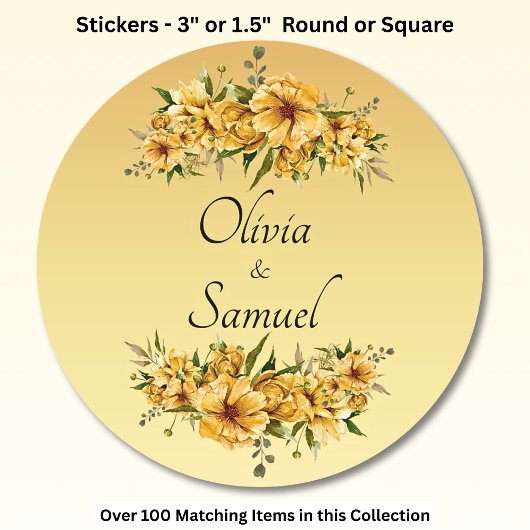 Sticker Rond Noms des mariés Fleurs jaune doré