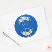 Sticker Rond Noms des mariés Roses bleues cobalt et blanches (Enveloppe)