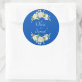 Sticker Rond Noms des mariés Roses bleues cobalt et blanches (Sac)
