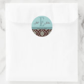 Sticker Rond Noms du monogramme mariage Date Damas Brown Bleu (Sac)