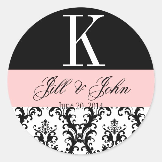 Sticker Rond Noms du monogramme mariage Date Damask Black & Pin (Devant)