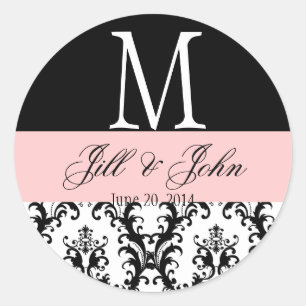 Sticker Rond Noms du monogramme mariage Date Damask Black Pink