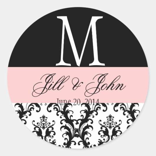 Sticker Rond Noms du monogramme mariage Date Damask Black Pink (Devant)