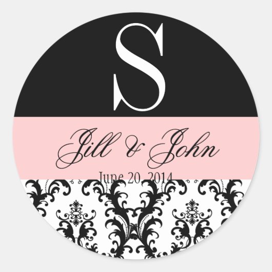 Sticker Rond Noms du monogramme mariage Date Damask Black Pink (Devant)