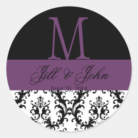 Sticker Rond Noms du monogramme mariage Date Damask Black Purpl (Devant)