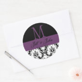 Sticker Rond Noms du monogramme mariage Date Damask Black Purpl (Enveloppe)