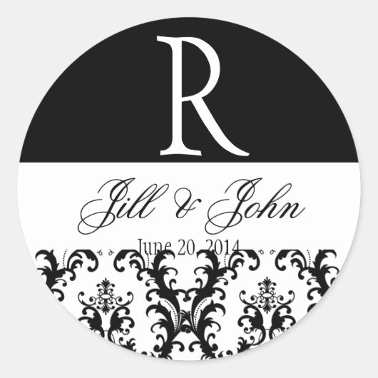 Sticker Rond Noms du monogramme mariage Date Damask Black White (Devant)