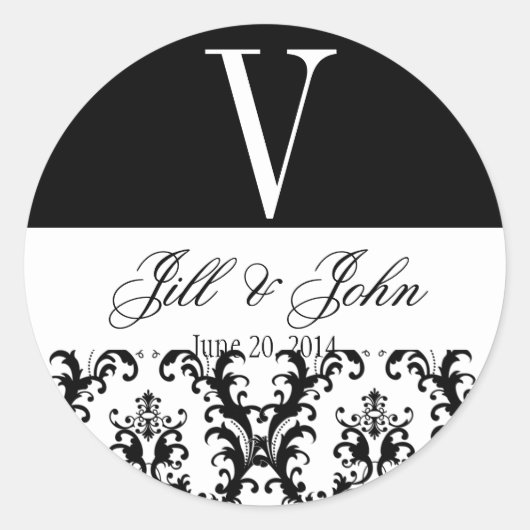 Sticker Rond Noms du monogramme mariage Date Damask Black White (Devant)