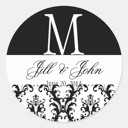 Sticker Rond Noms du monogramme mariage Date Damask Black White (Devant)