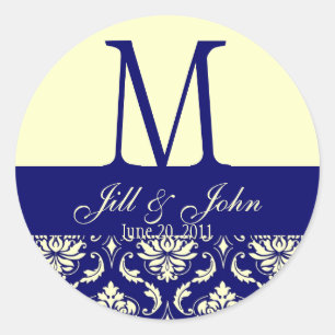 Sticker Rond Noms du monogramme mariage Date Damask Navy Creme