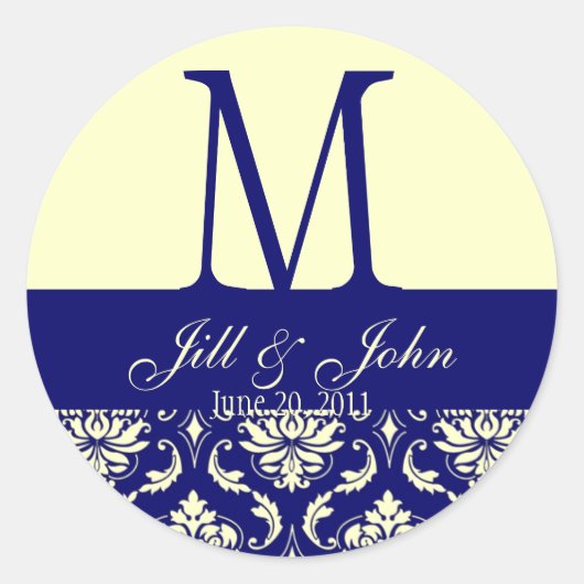 Sticker Rond Noms du monogramme mariage Date Damask Navy Creme (Devant)