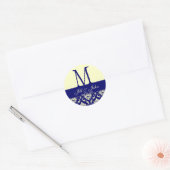 Sticker Rond Noms du monogramme mariage Date Damask Navy Creme (Enveloppe)
