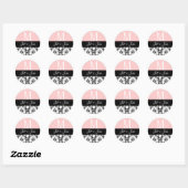 Sticker Rond Noms du monogramme mariage Date Damask Pink Seal (Feuille)
