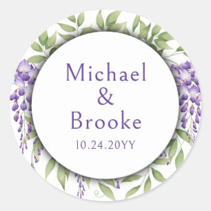 Sticker Rond Noms Elegant Purple Wisteria Floral Mariage