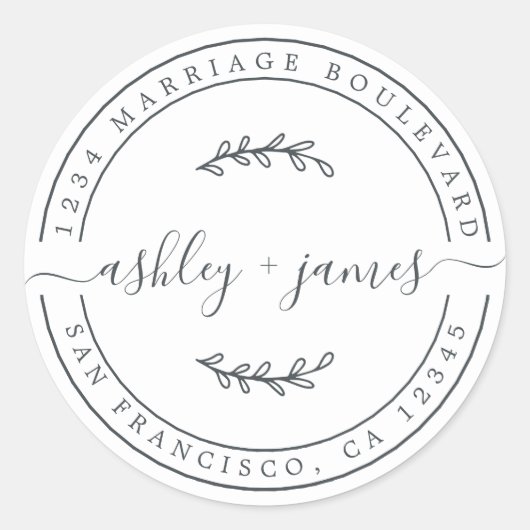 Sticker Rond Noms élégants Black White Mariage Adresse de retou (Devant)