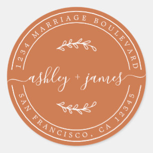 Sticker Rond Noms élégants Burnt Orange Mariage Adresse de reto