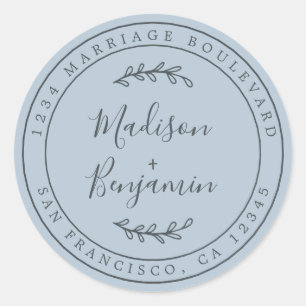 Sticker Rond Noms élégants Mariage bleu Adresse de retour