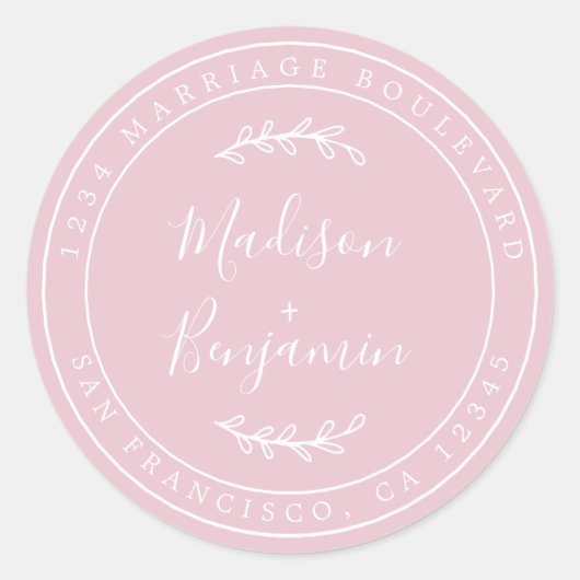Sticker Rond Noms élégants Mariage rose Adresse de retour (Devant)