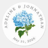 Sticker Rond Noms et date du Mariage Blue Hydrangea (Devant)