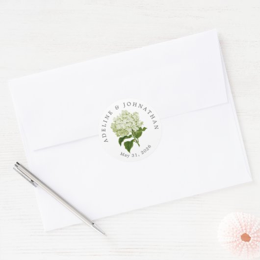 Sticker Rond Noms et date du Mariage de l'Hydrangée blanche et (Enveloppe)