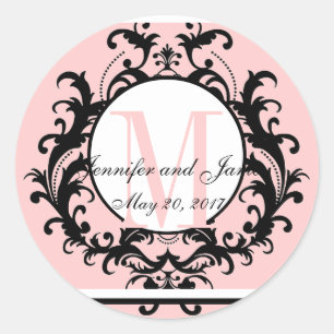 Sticker Rond Noms initiaux du Mariage rose vif Date